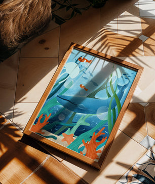 Underwater scene with whale, fish, and sea plants illustration
