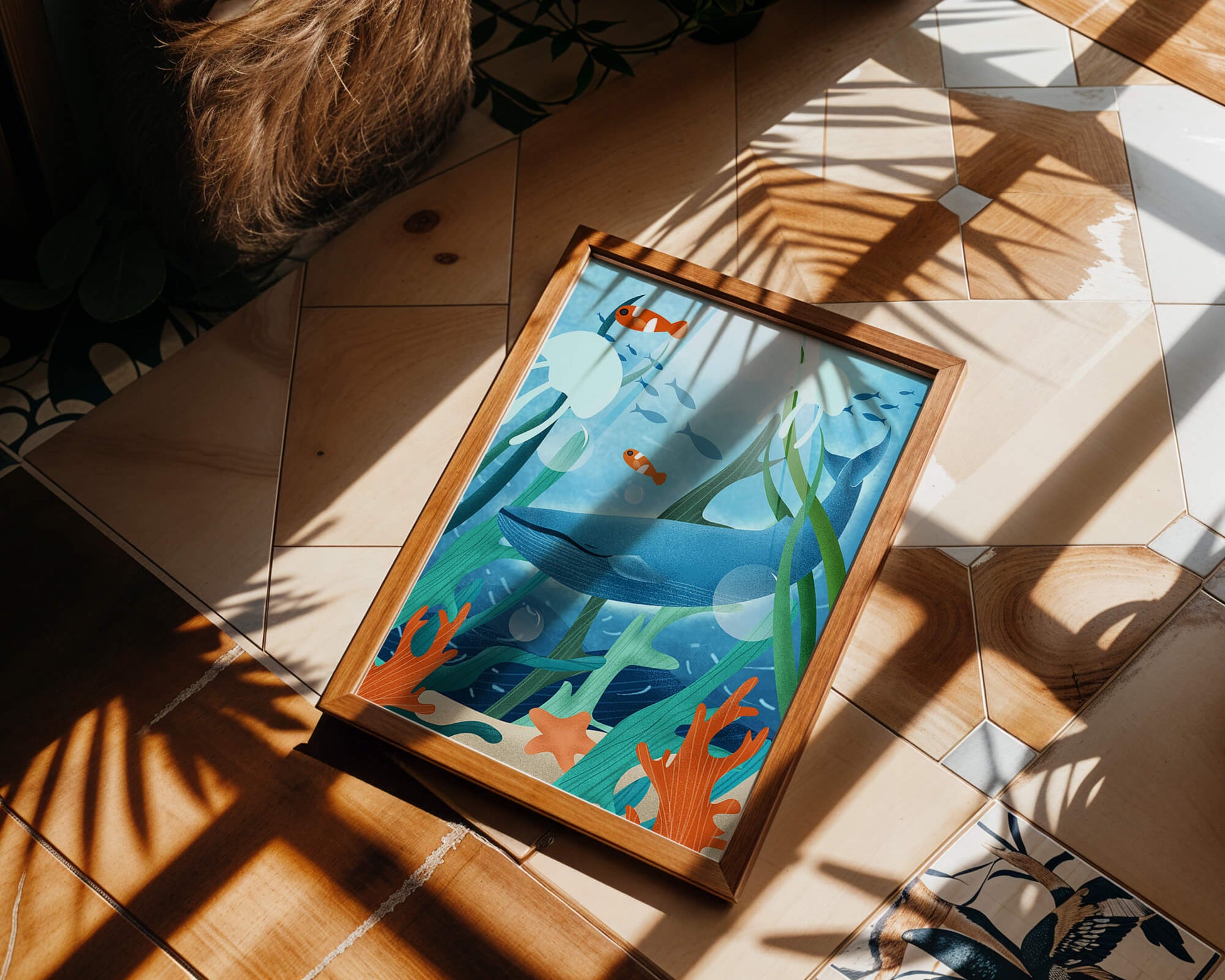 Underwater scene with whale, fish, and sea plants illustration