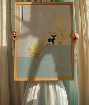 Abstract Deer with Golden Elements and Leaves on Minimalist Background