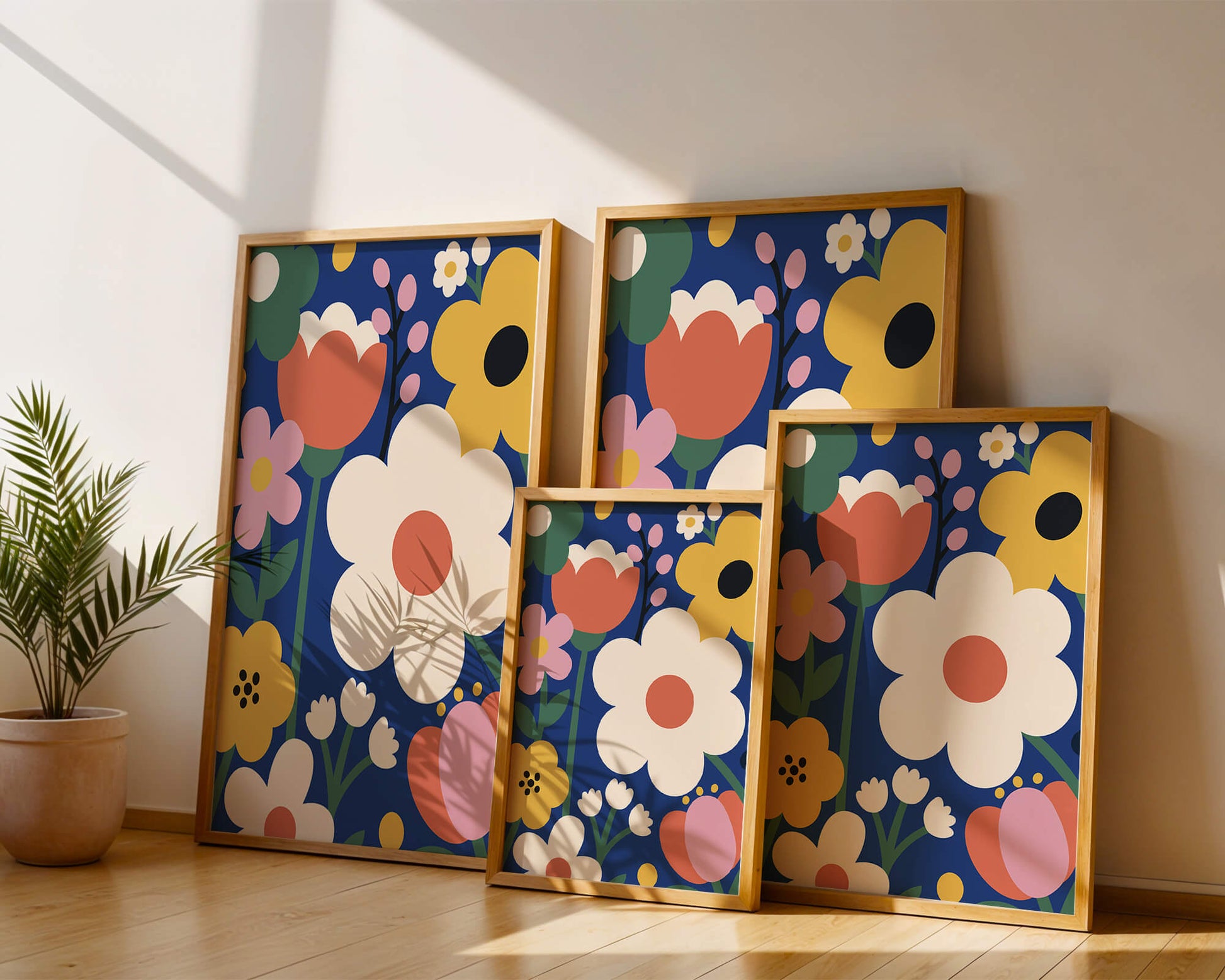 Colorful Floral Abstract Pattern On Dark Blue Background