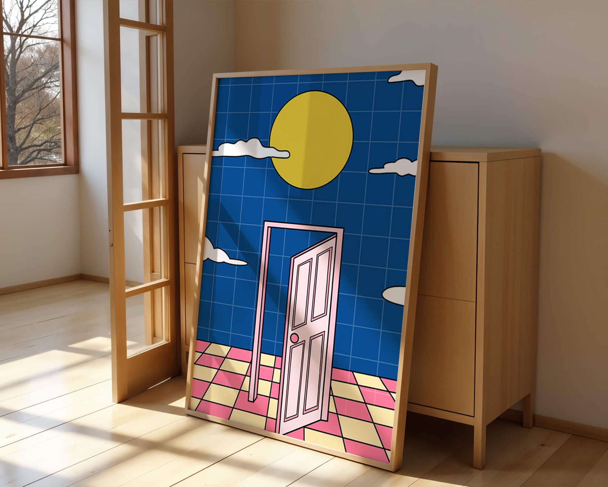 Surreal doorway with pink door under yellow sun and blue sky