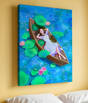Serene illustration of a girl relaxing in a boat surrounded by lotus leaves and flowers