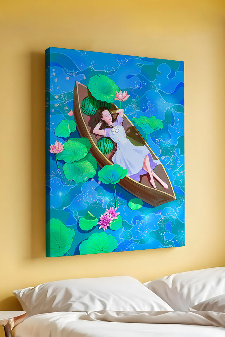 Serene illustration of a girl relaxing in a boat surrounded by lotus leaves and flowers