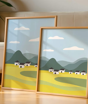 Pastoral Landscape with Mountains and Houses Under Blue Sky