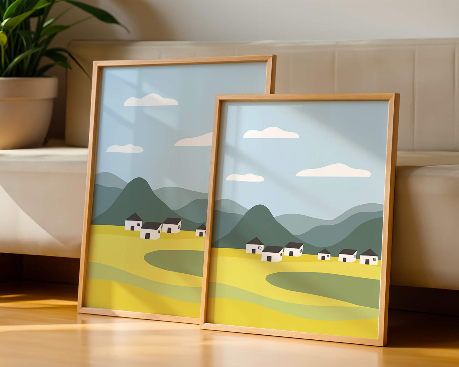 Pastoral Landscape with Mountains and Houses Under Blue Sky