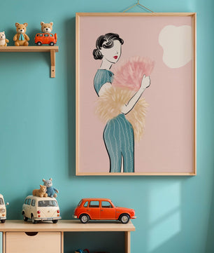 Elegant woman in vintage dress with pink background