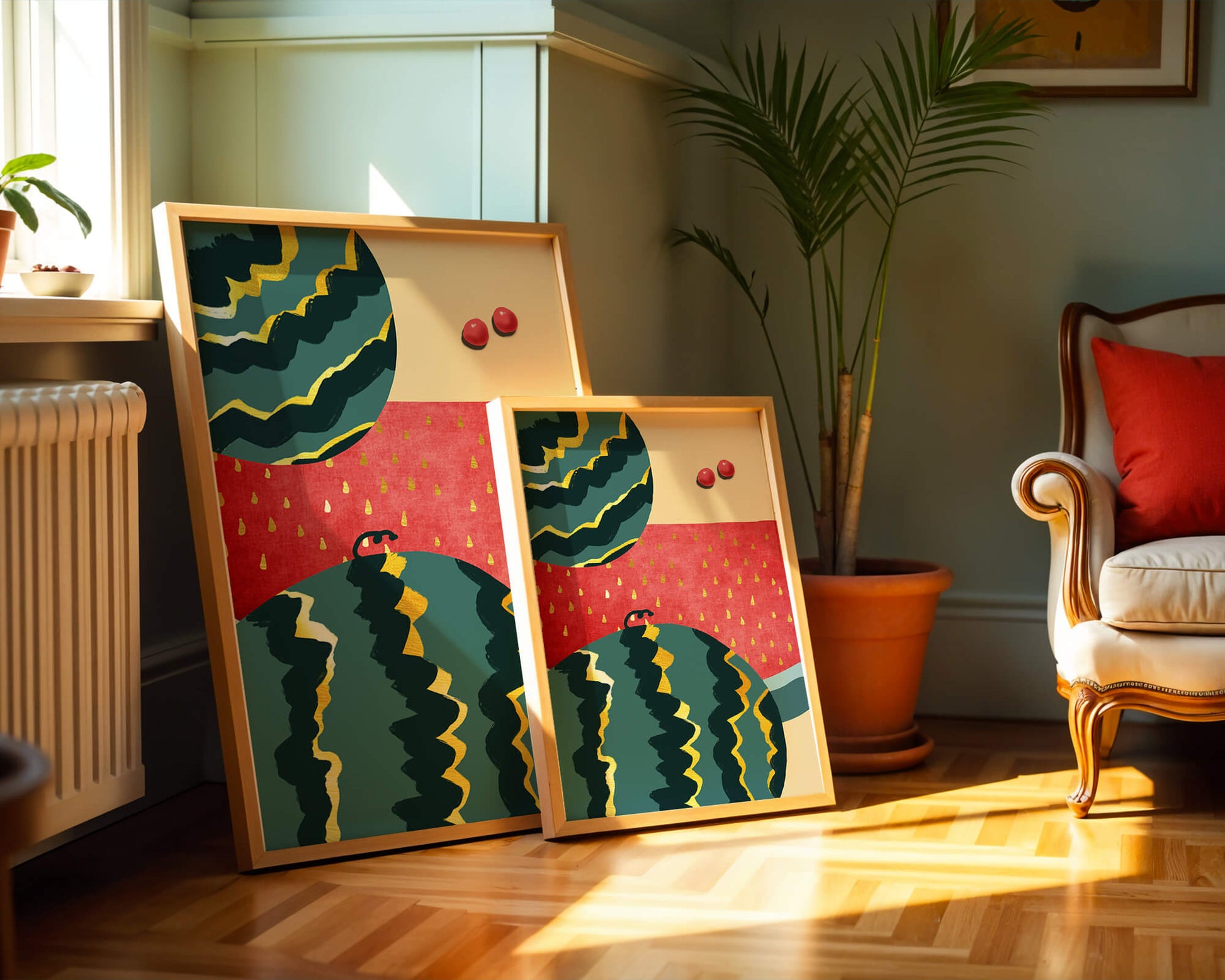 Arte abstracto vibrante de sandía con reflejos dorados