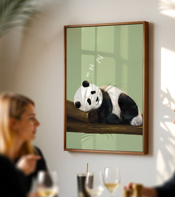Peaceful panda resting on a log in a serene setting
