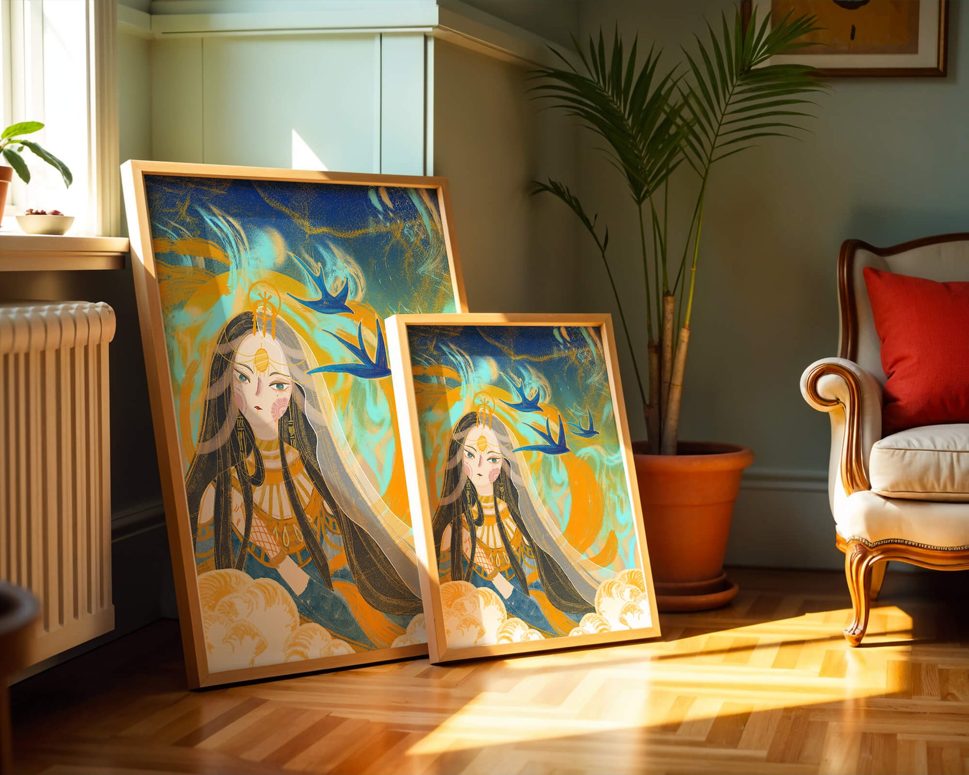 Majestic Goddess with Birds and Golden Elements in Mystical Setting