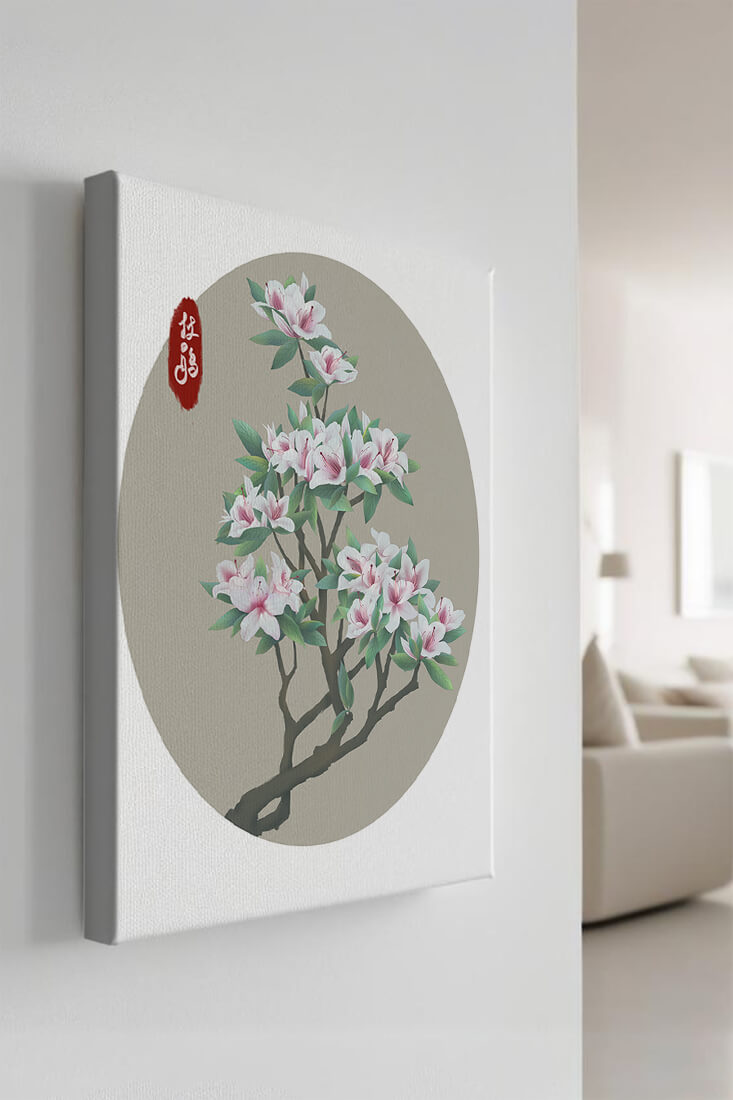 Obra floral delicada con magnolias en flor en estilo oriental