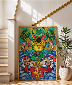 Colorful illustration of a mythical creature with traditional elements and vibrant colors