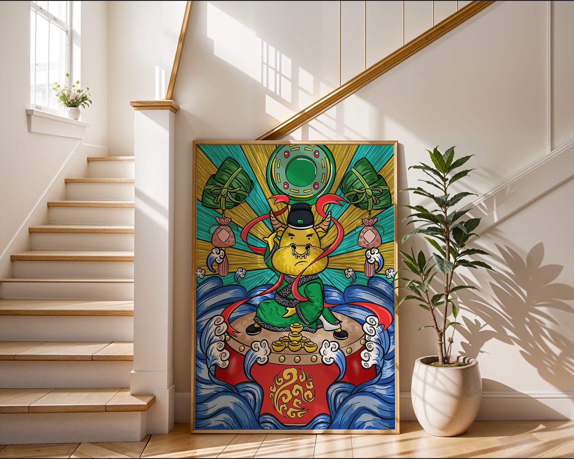 Colorful illustration of a mythical creature with traditional elements and vibrant colors