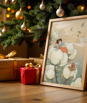 Illustration d'une fille sur des fleurs géantes avec des oiseaux volants et de la nourriture
