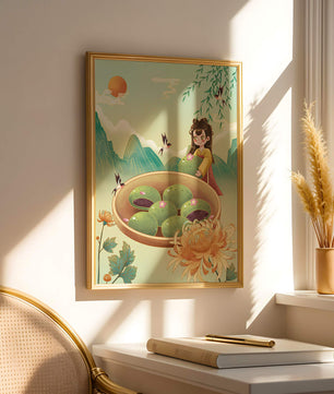 Charming Scene with Traditional Dress and Scenic Landscape Featuring Floral Elements and Birds