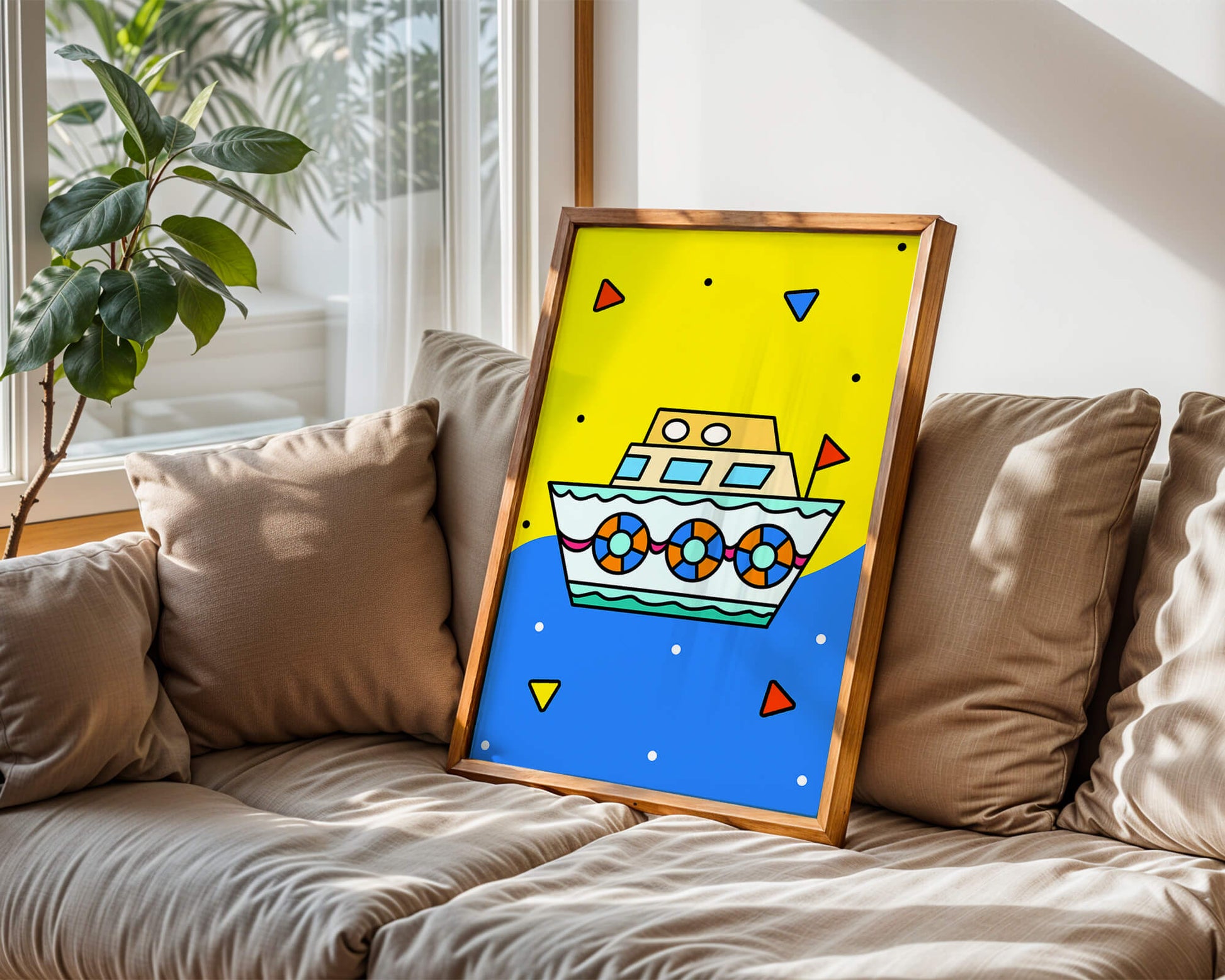 Colorful boat illustration with cartoon elements