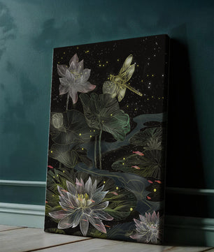 Lotus Flowers and Dragonfly in Nighttime Pond