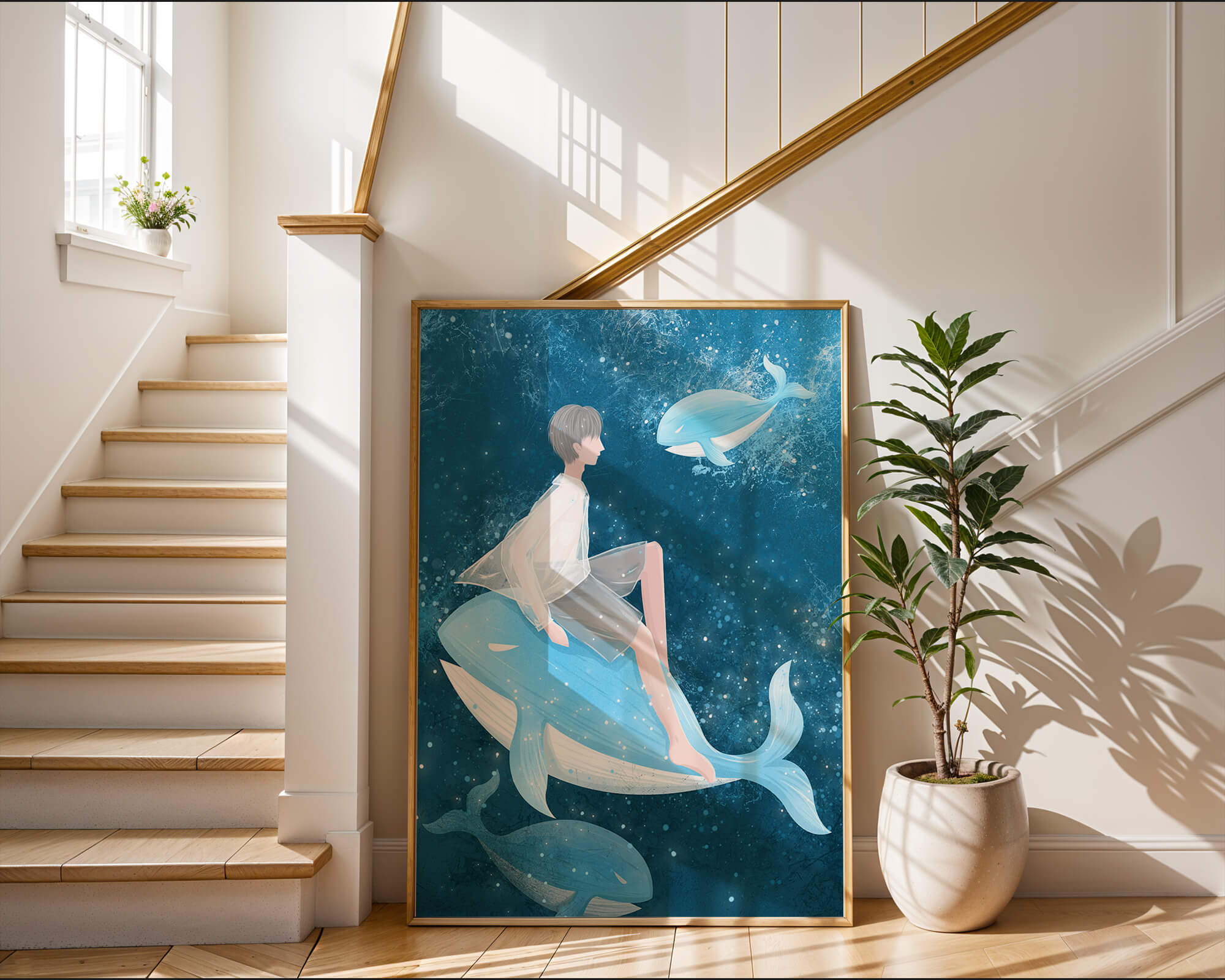 Fantasy illustration of person on blue whale in underwater scene