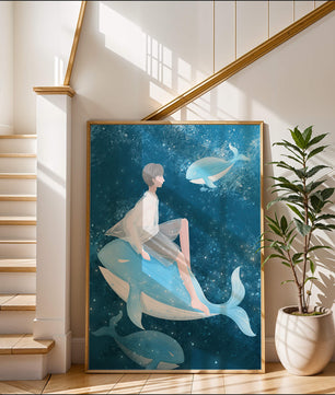 Illustration fantastique d'une personne sur une baleine bleue dans une scène sous-marine