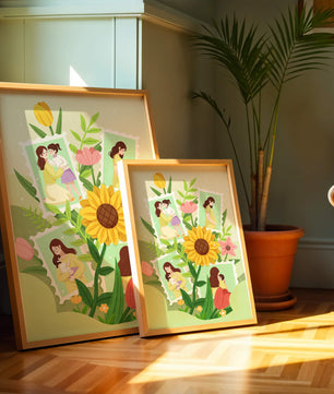 Ilustración de momentos familiares con fondo floral vibrante