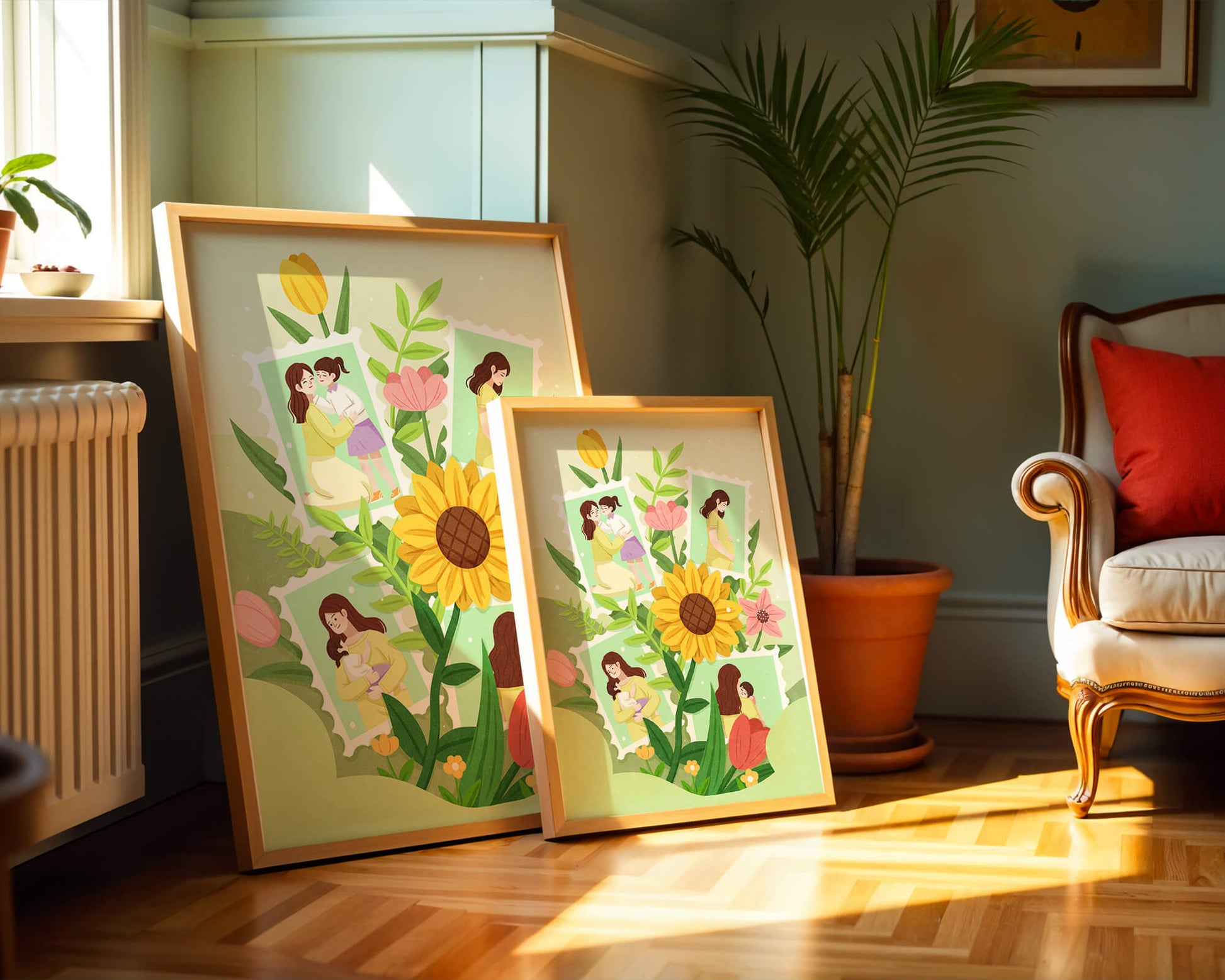 Ilustración de momentos familiares con fondo floral vibrante