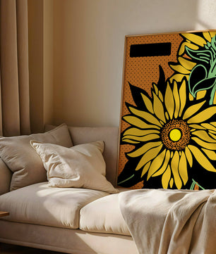 Colorful sunflower illustration with bold lines and dots