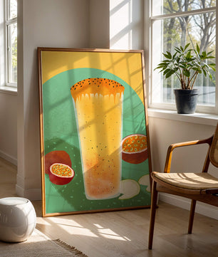 Illustrated tropical passion fruit drink with fresh slices