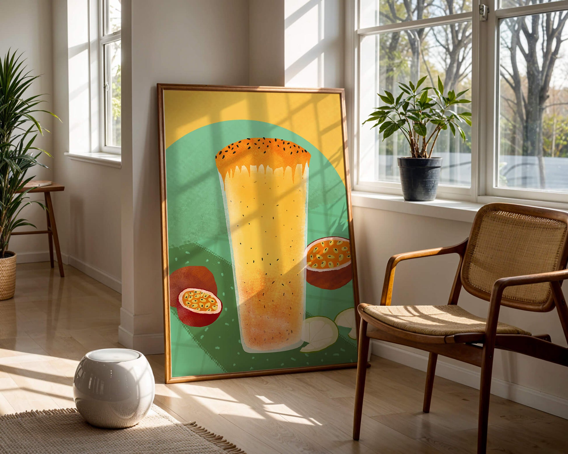 Illustrated tropical passion fruit drink with fresh slices