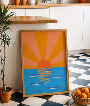 A vibrant sunrise illustration over the ocean with colorful rays