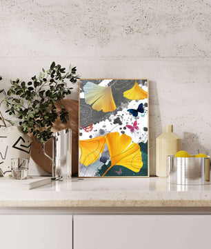 Artistic Composition with Yellow Leaves and Butterflies