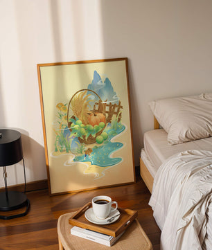Ilustración con tema de cosecha con una cesta de productos y un fondo panorámico.