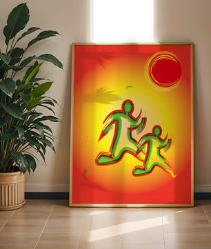 Abstract colorful figures under a vibrant sun with warm tones