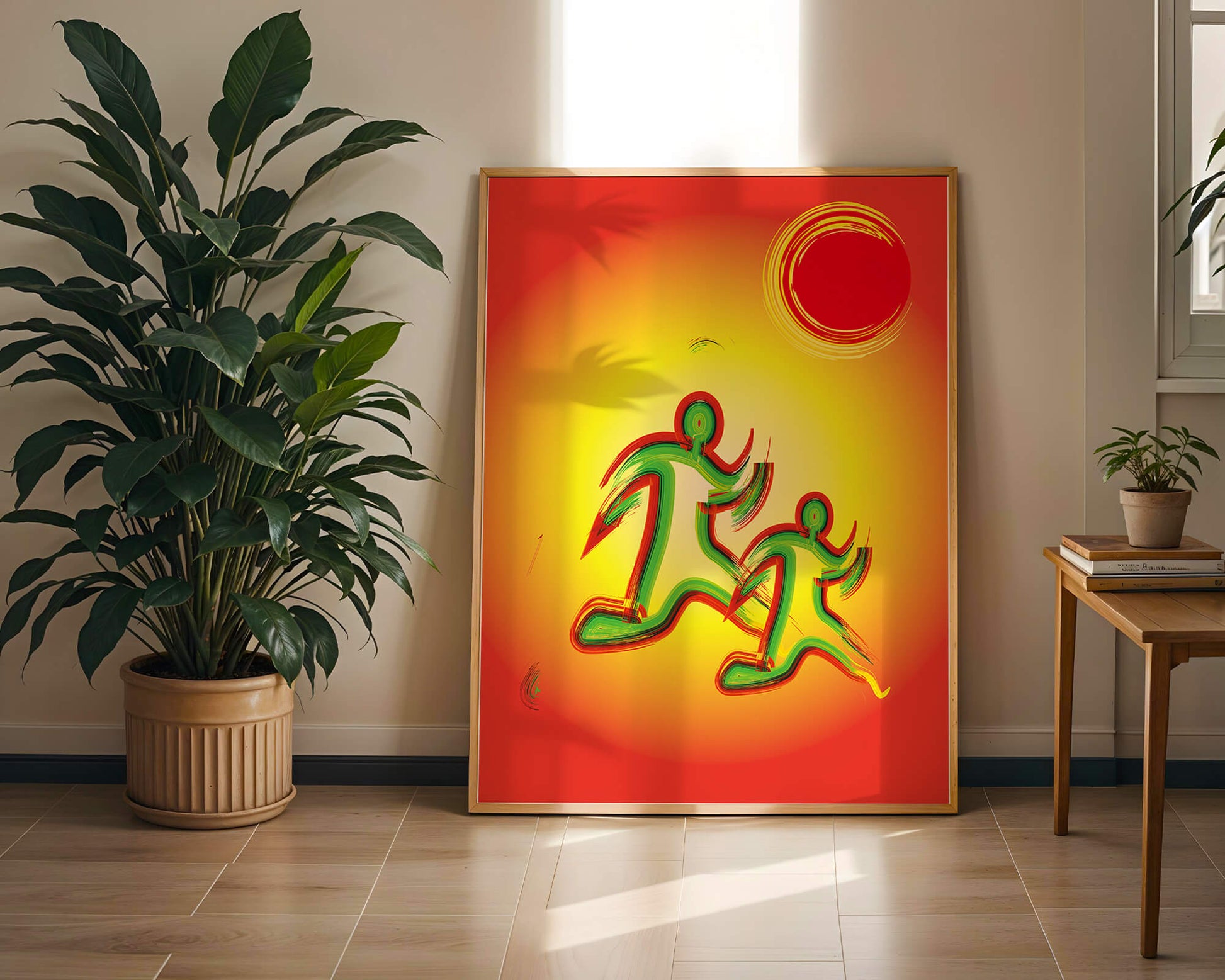 Abstract colorful figures under a vibrant sun with warm tones