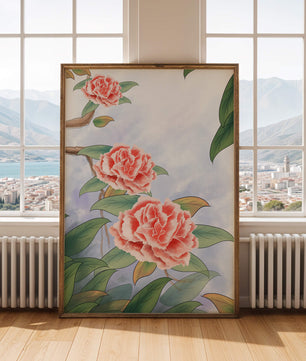 Illustrated pink carnations with green leaves in serene botanical art