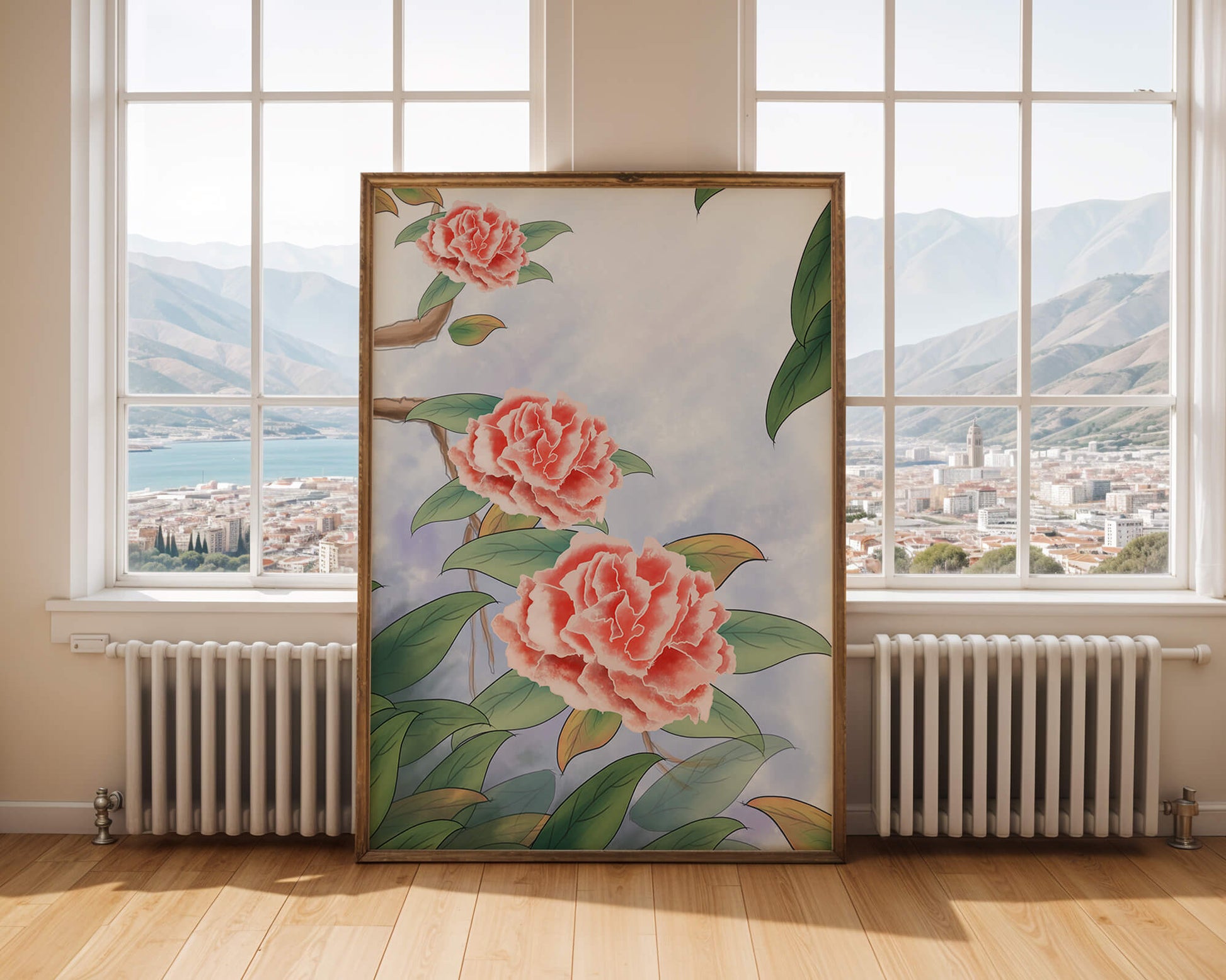 Illustrated pink carnations with green leaves in serene botanical art