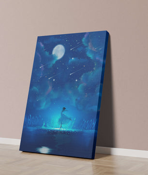 Cielo nocturno soñador con figura danzante y luz de luna brillante