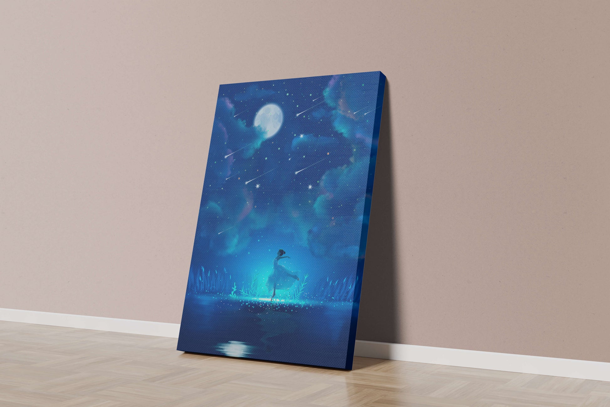 Cielo nocturno soñador con figura danzante y luz de luna brillante