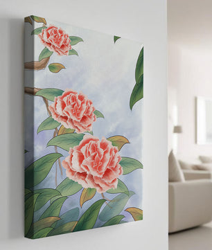 Illustrated pink carnations with green leaves in serene botanical art