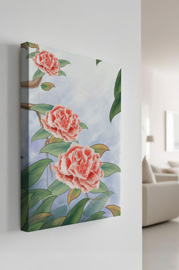 Illustrated pink carnations with green leaves in serene botanical art
