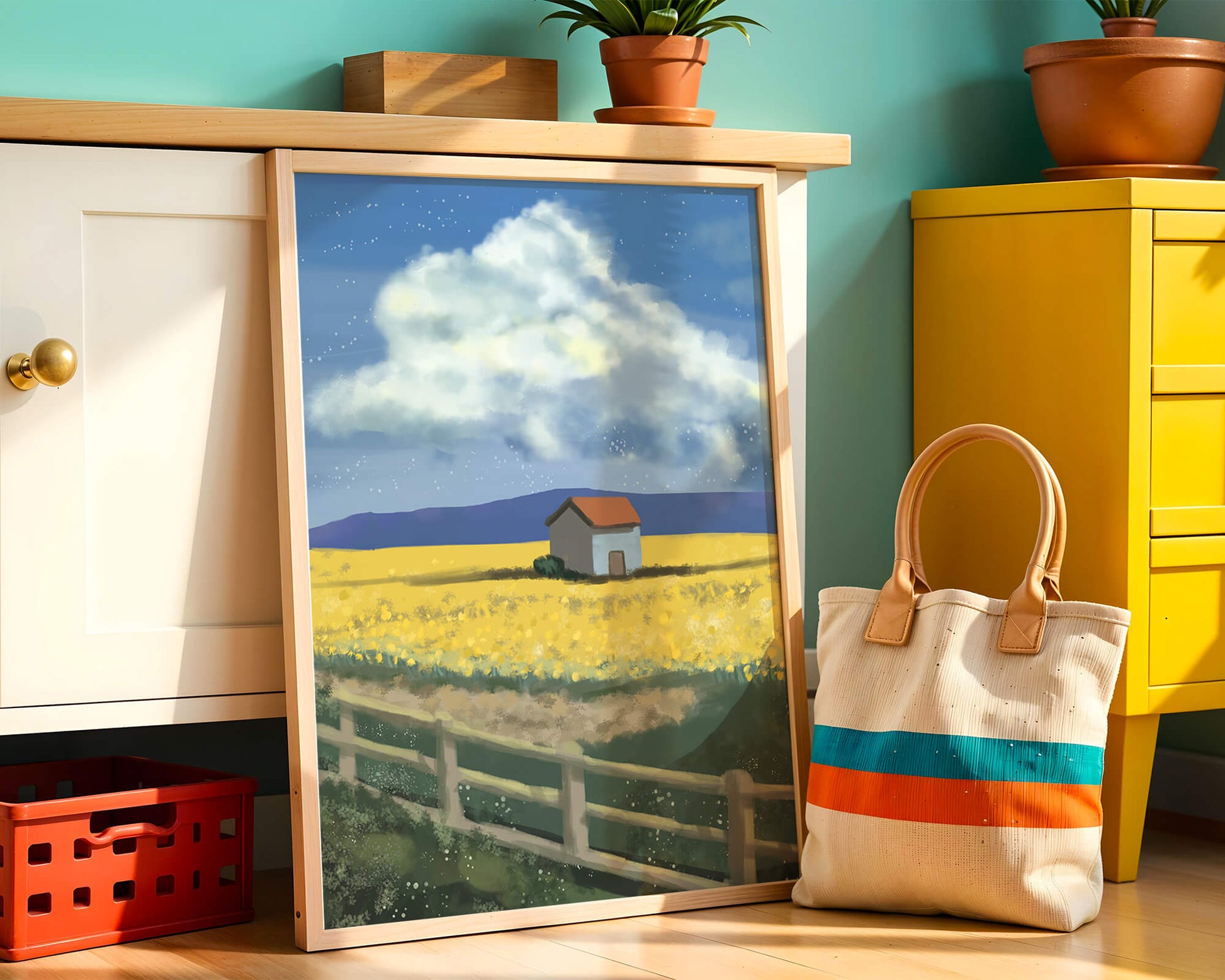 Idyllic rural scene with house and yellow field under blue sky