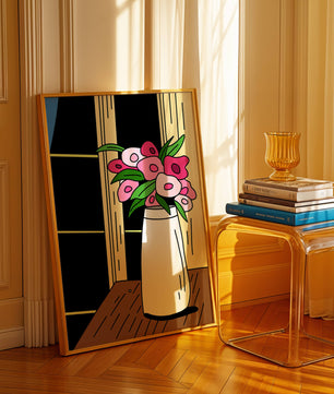 Abstract illustration of flowers in a vase on a wooden table