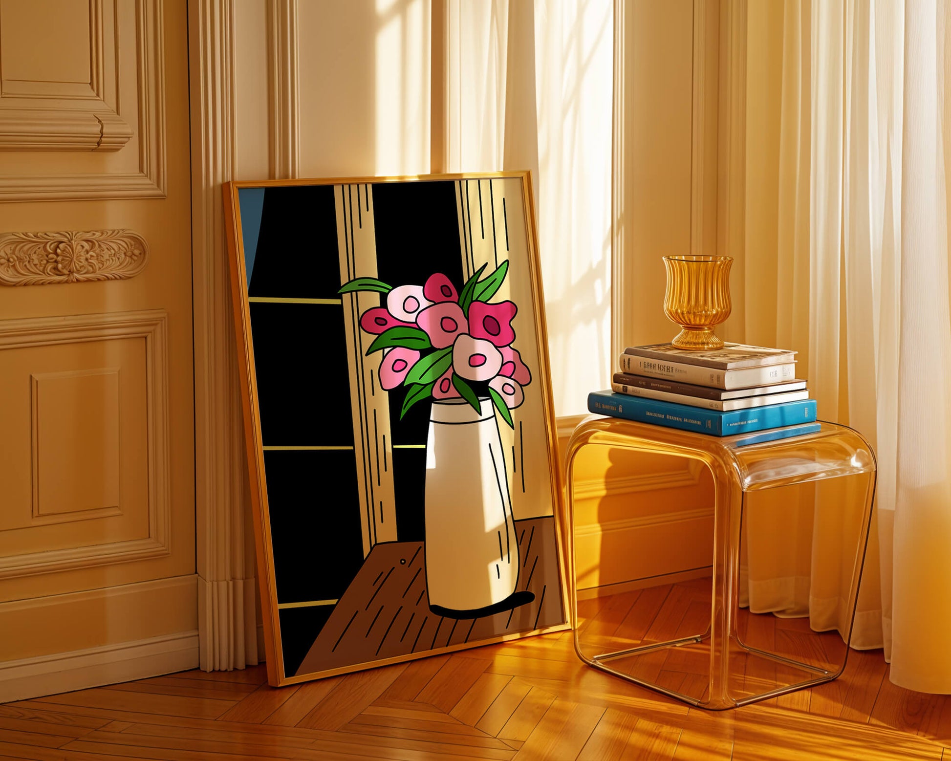 Abstract illustration of flowers in a vase on a wooden table