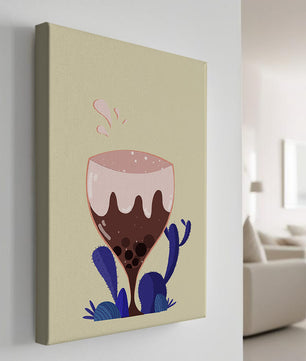 Illustration eines skurrilen Weinglases mit Flüssigkeitsspritzern und violetten Pflanzen