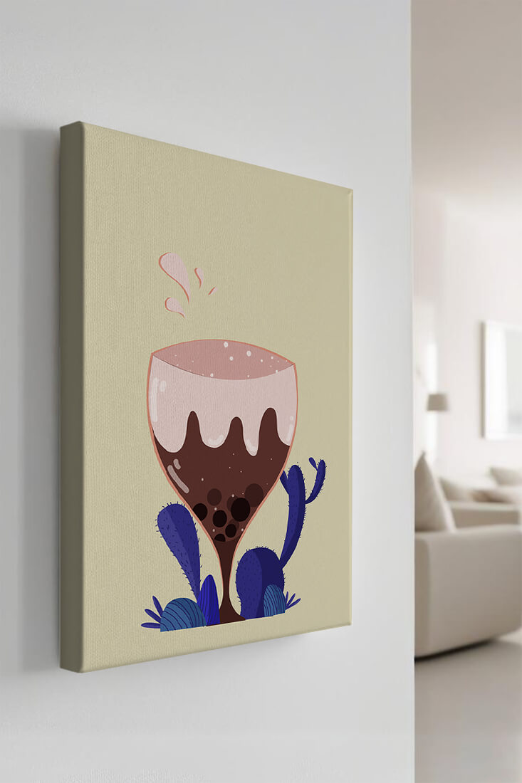 Illustration of a whimsical wine glass with liquid splash and purple plants