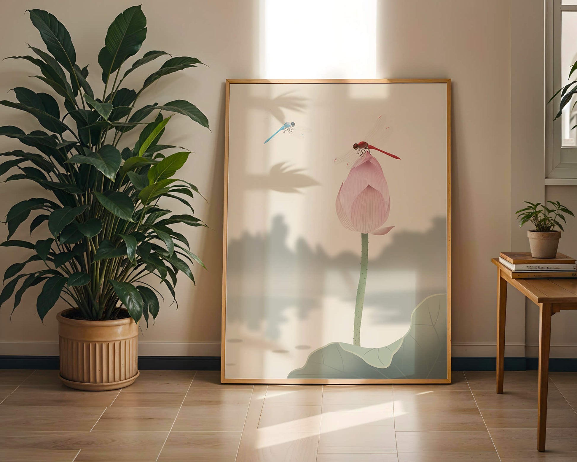Libélulas sobre un capullo de loto con paisaje sereno