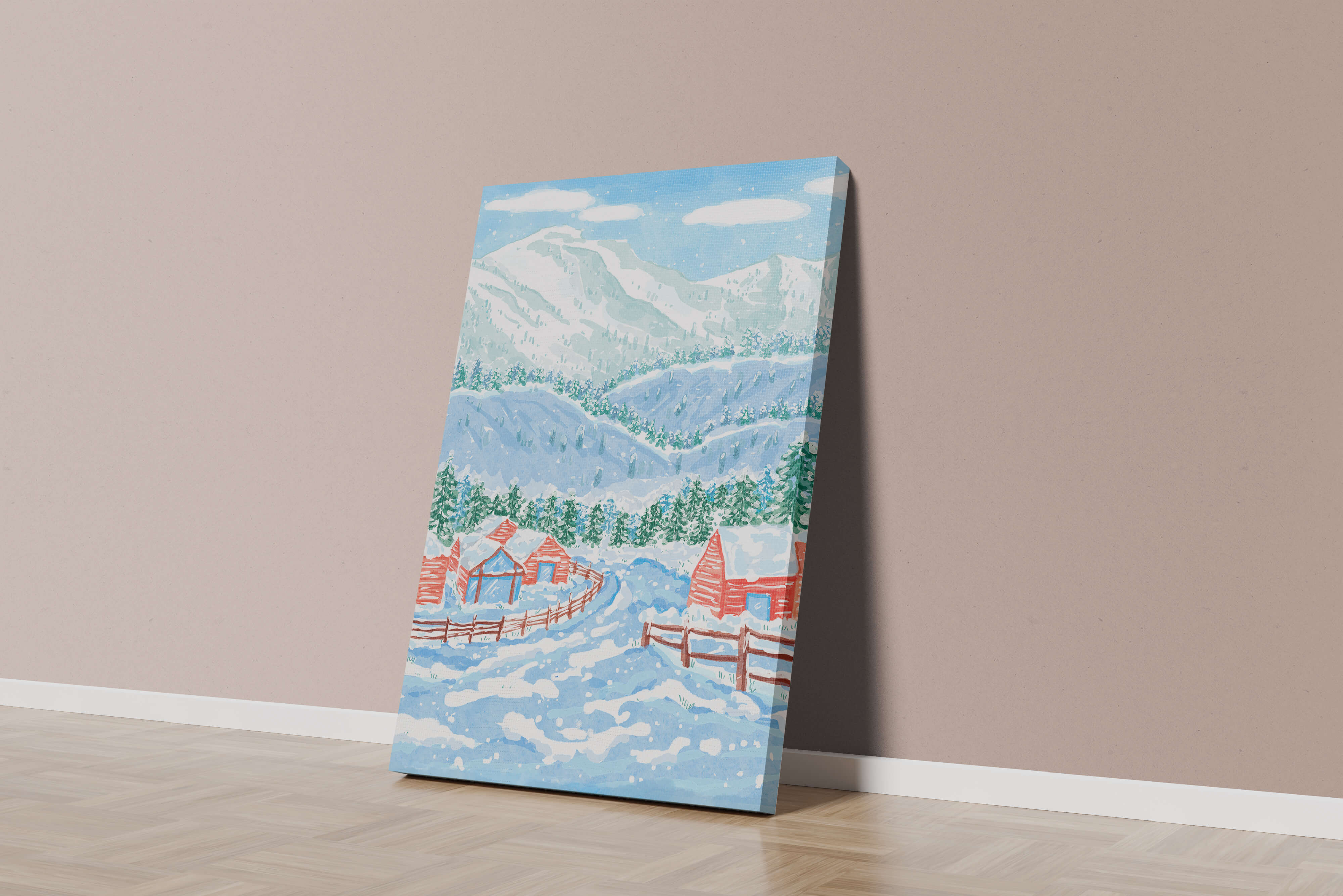 Charming snowy landscape with mountain view and cozy cabins