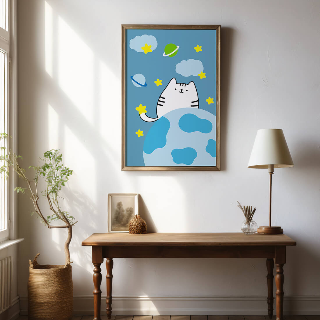 Ilustración encantadora de un gatito en una escena espacial caprichosa con nubes y estrellas
