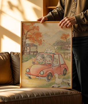 Charmante Landfahrt mit verspielten Charakteren und herbstlicher Landschaft