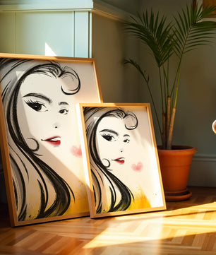 Dibujo de retrato elegante con labios rojos y motivo de corazón