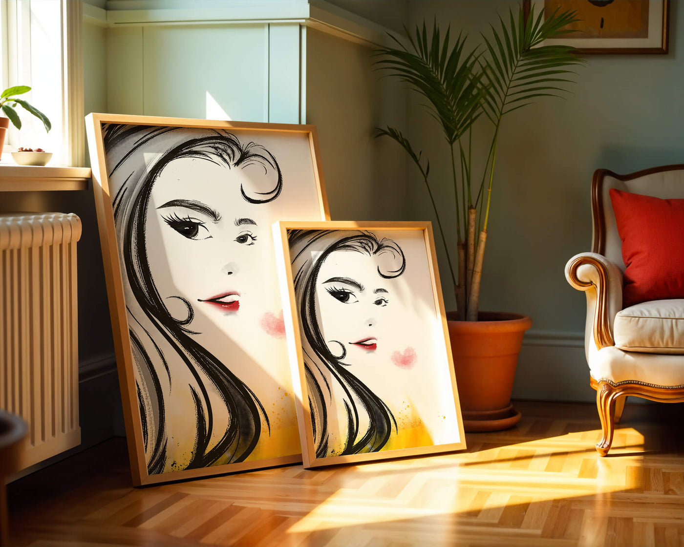 Elegant portrait sketch with red lips and a heart motif