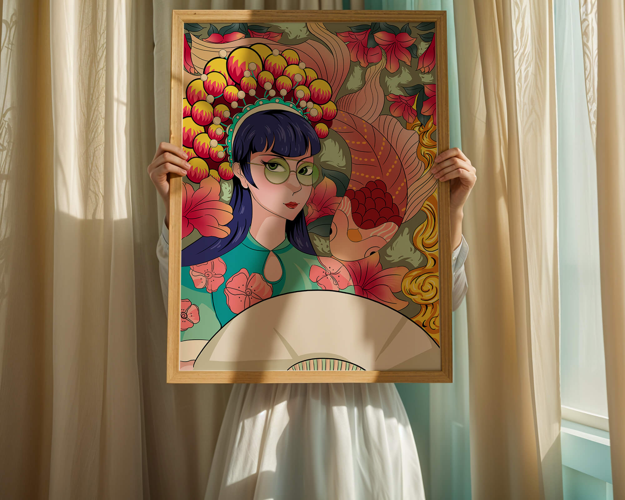 Colorful illustration of a woman with floral headdress and fish background